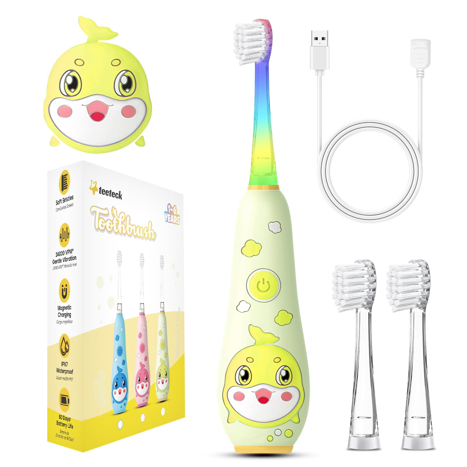 Teeteck Kids Electric Toothbrushes, Toddler, Ages 3+, Rainbow LED, Magnetic Charging, IPX7 Waterproof, Set (Yellow, 3 Years+)