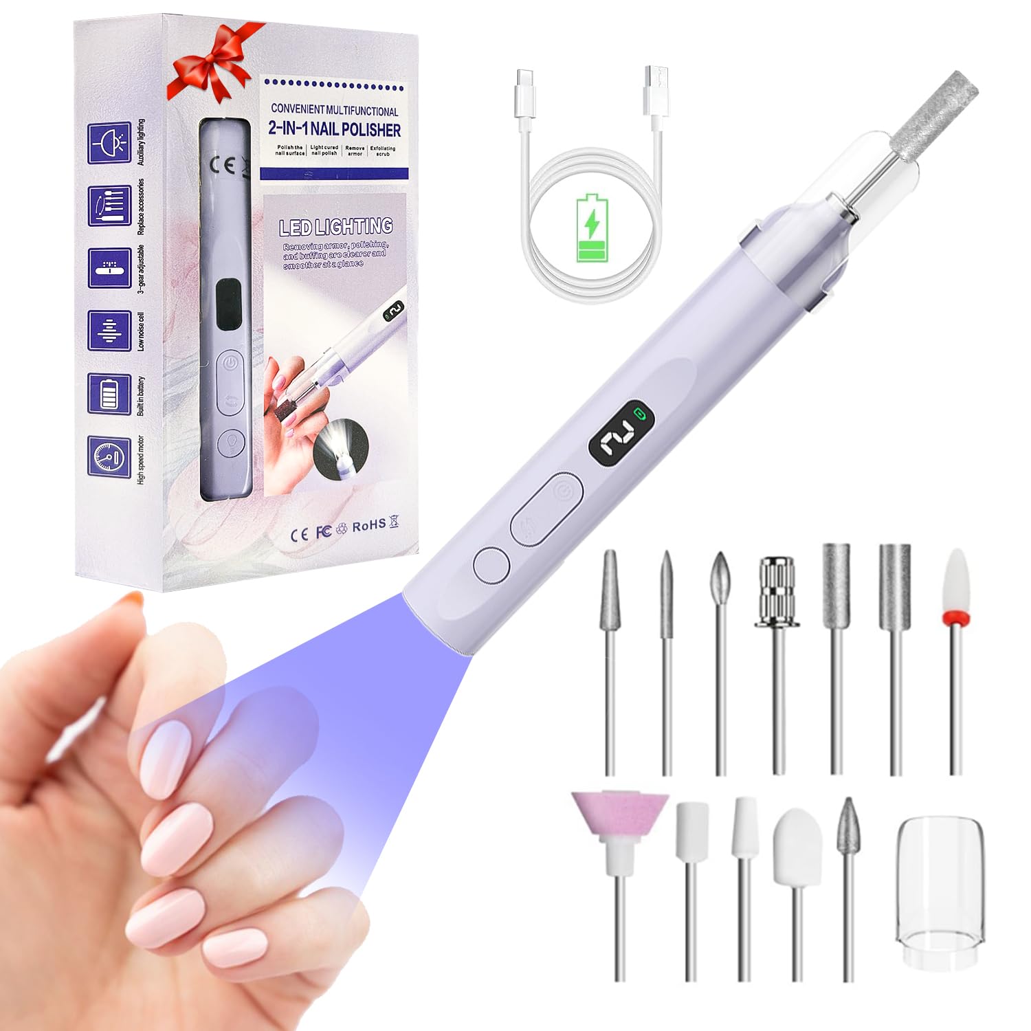 Electric Nail File Cordless with Nail Lamp, 3-Speed Adjustable E File Manicure Nail Drill Bits Set with 12 Grinding Heads, Electric Manicure Pedicure Kit Gifts for Beginner Girl Women Mum (Purple)