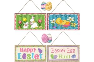 WhistenFla Happy Easter Wood Hanging, 4 Pack Easter Bunny Hanging Decor Signs Decorations - Easter Bunny Decor Easter Door Hanger Easter Holiday Festival Wall Door Decorative Sign