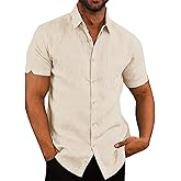 Oyamiki Mens Short Sleeve Regular-Fit Shirt Fishing Tees Linen Casual Button-Down Shirts