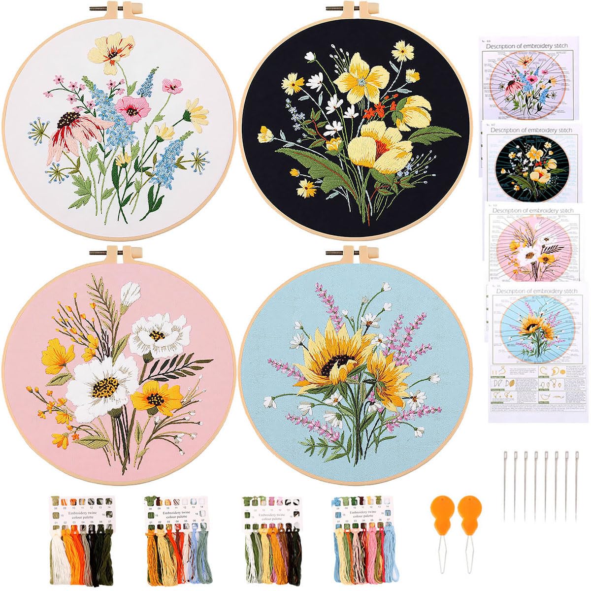 4 Sets Cross Stitch Embroidery Kits for Beginners Adults, Stamped Pre Printed Flower Cross Stitch Kits, Full Range of Embroidery Starter Kit with Instructions, 4PCS Hoops, Color Threads and Tools