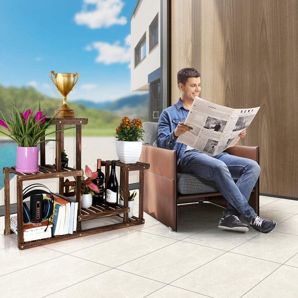 Foldify Pine Wood Plant Stand Indoor Outdoor Multiple Flower Pot Holder Shelf Rack Higher and Lower Planter Display Shelving Unit in Garden Balcony Patio Living Room(7-9 Flowerpots) : Garden & Outdoor