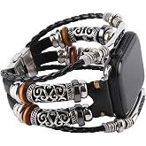 Konafei Compatible with Apple Watch Band 46mm 45mm 44mm 42mm 41mm 40mm 38mm 49mm, iWatch Series 10/9/8/7/SE/6/5/4/3/2/1/Ultra, Leather Boho Bracelets Jewelry Multilayer Metal Cuff Retro Strap for Men&Women