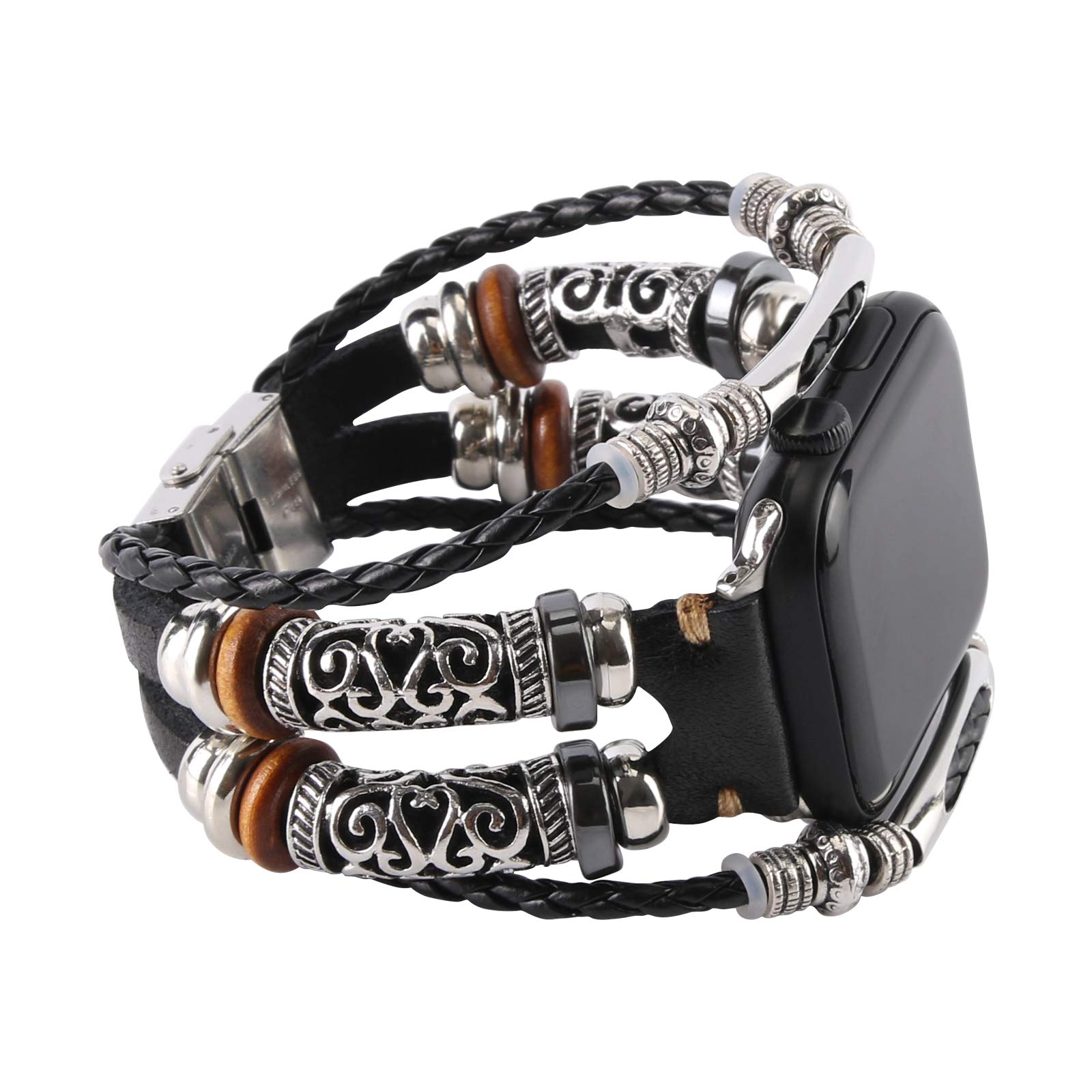 Konafei Compatible with Apple Watch Band 46mm 45mm 44mm 42mm 41mm 40mm 38mm 49mm, iWatch Series 10/9/8/7/SE/6/5/4/3/2/1/Ultra, Leather Boho Bracelets Jewelry Multilayer Metal Cuff Retro Strap for Men&Women