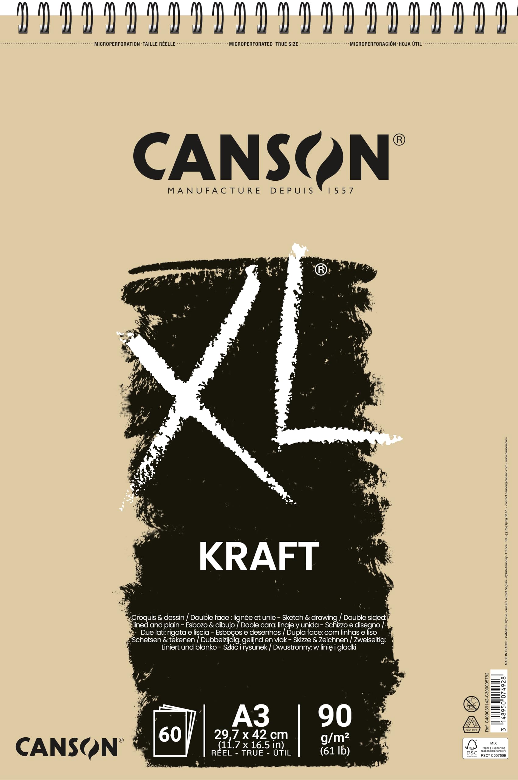 CANSON XL Kraft 90gsm A3 Paper, Laid, Spiral Pad Short Side, 60 Sheets, Ideal for Professional Artists & Illustrators
