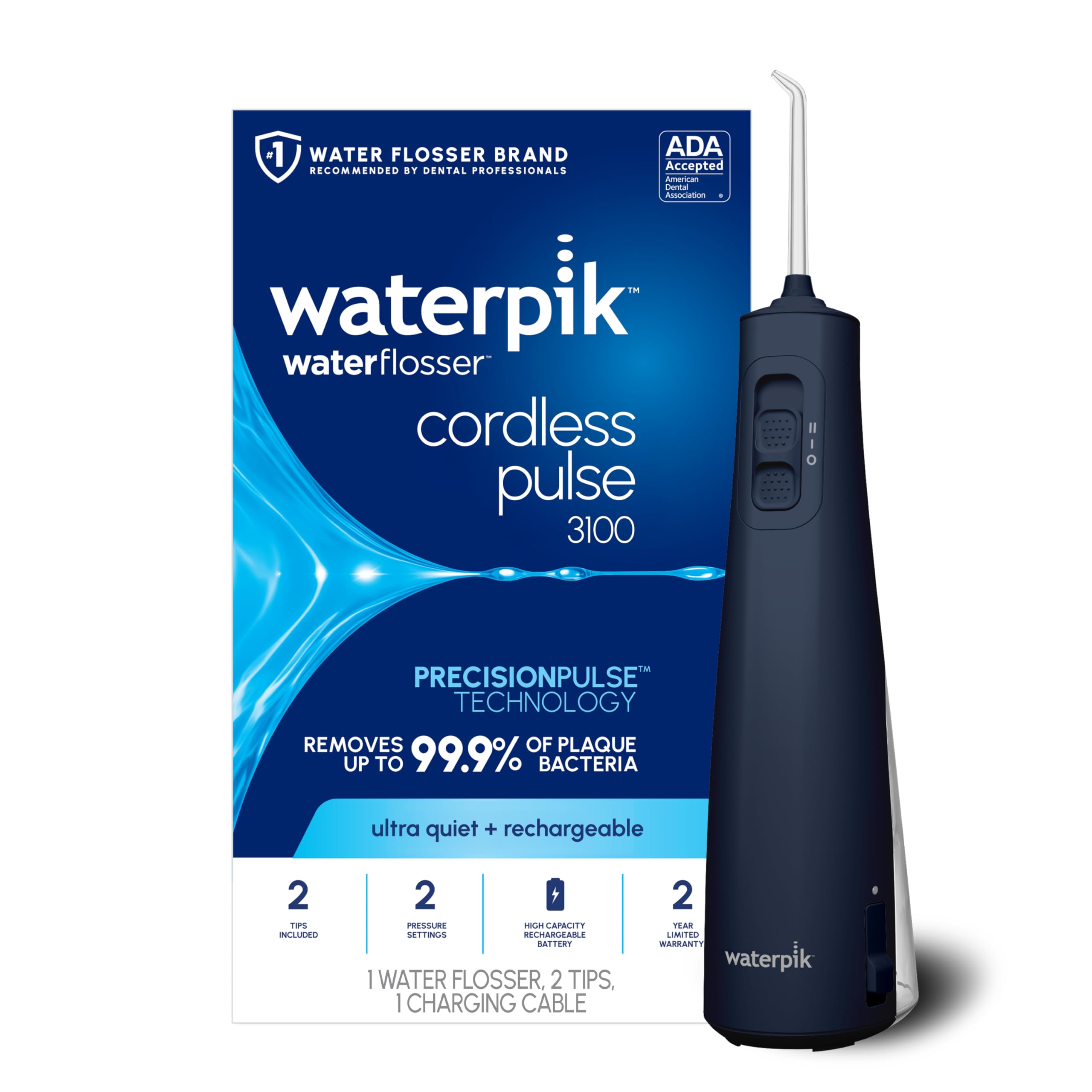 Photo 1 of Waterpik Cordless Pulse Rechargeable Portable Water Flosser for Teeth, Gums, Braces Care and Travel with 2 Flossing Tips, Waterproof for Shower, ADA Accepted, WF-20 Blue, Packaging and Tips May Vary