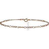 Hoops & Loops 925 Sterling Silver Figaro Chain Classic Adjustable Ankle Bracelet for Women Men, Silver, Yellow Gold, Rose Gold