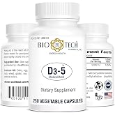 Bio-Tech Pharmacal D3-5 (5000 IU), 250 Vegetable Capsules &ndash; All-Natural Supplement &ndash; Supports Bone &amp; Immune Health &ndash; No Dairy, Fish, Gluten, Peanut, Shellfish, &amp; Soy