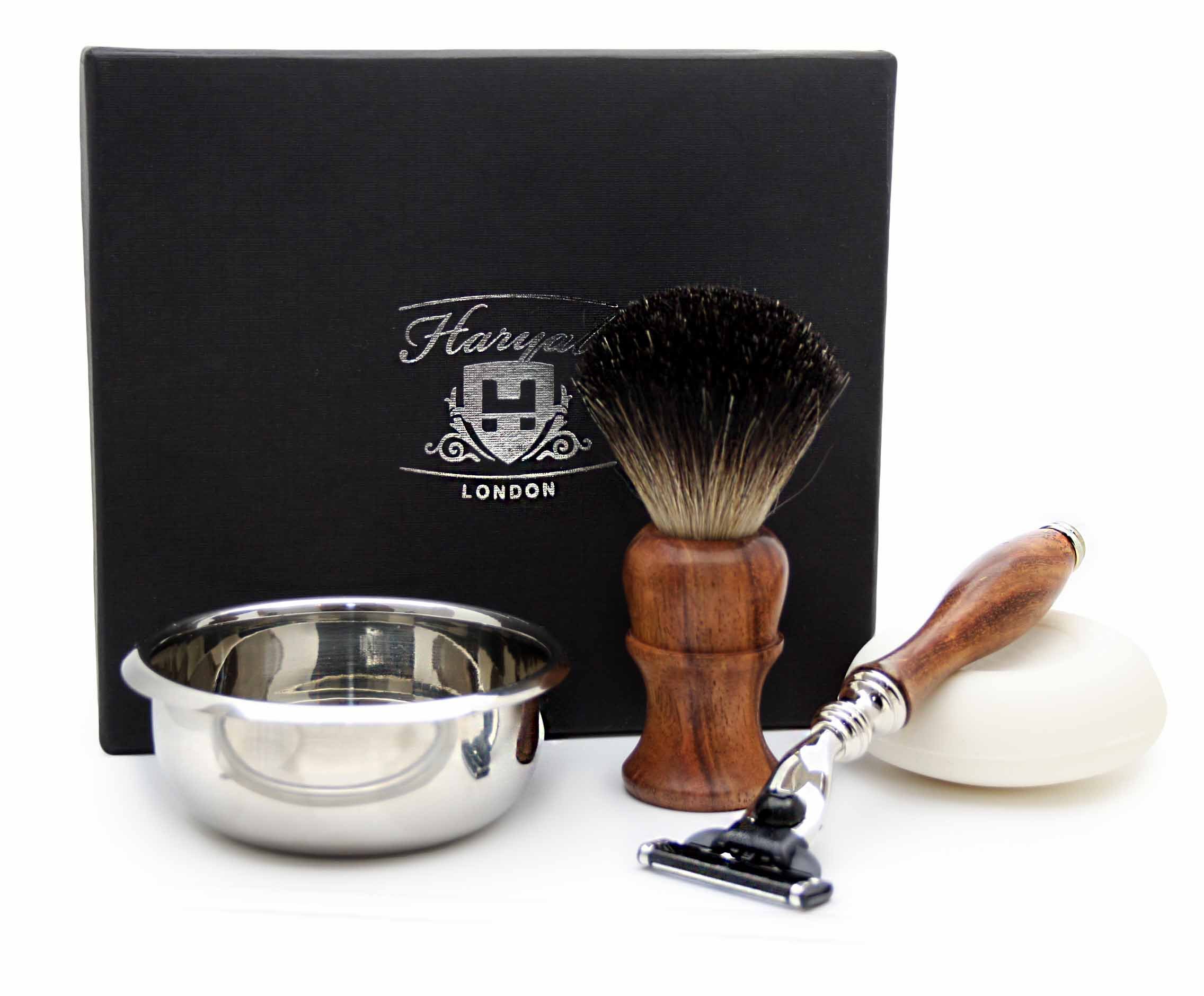 Haryali London, 4 Pcs Wooden Shaving Kit - Traditional Shave Kit with 3 Edge Cartridge Razor, Black Badger Shaving Brush, Shaving Soap and Stainless Steel Bowl, Classic Shaving Set for Men
