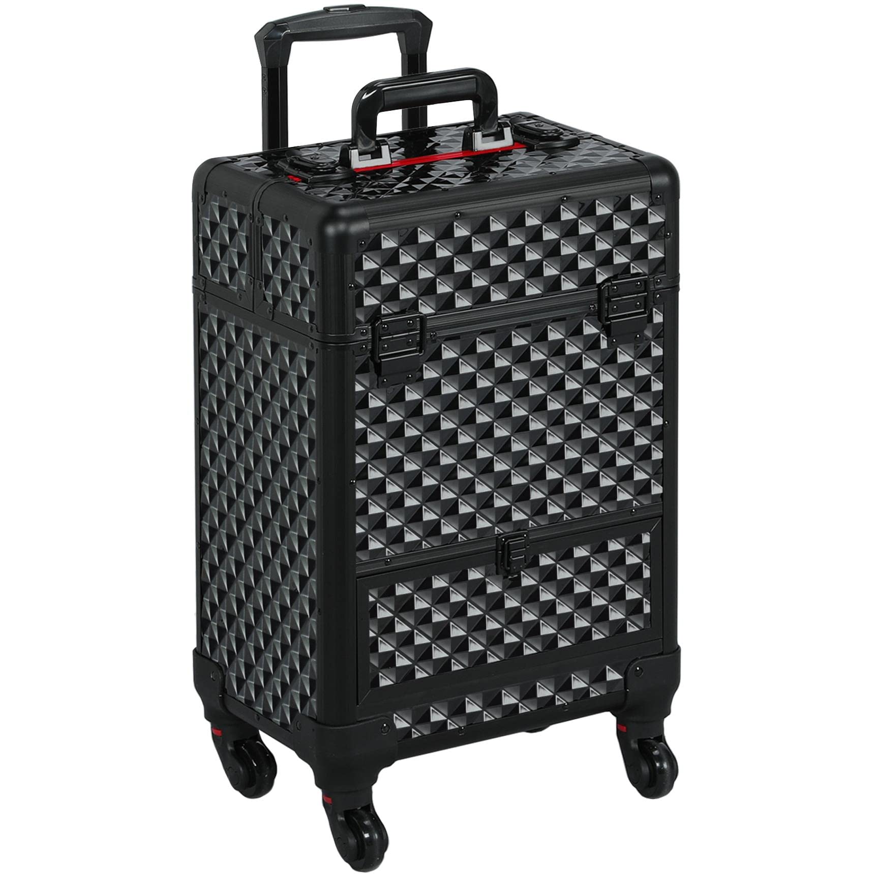 Photo 1 of Yaheetech Rolling Makeup Train Case Aluminum Cosmetic Case with Wheels Barber Case Salon Lockable Travel Trolley with Sliding Drawers Removable Divider, Black/Red