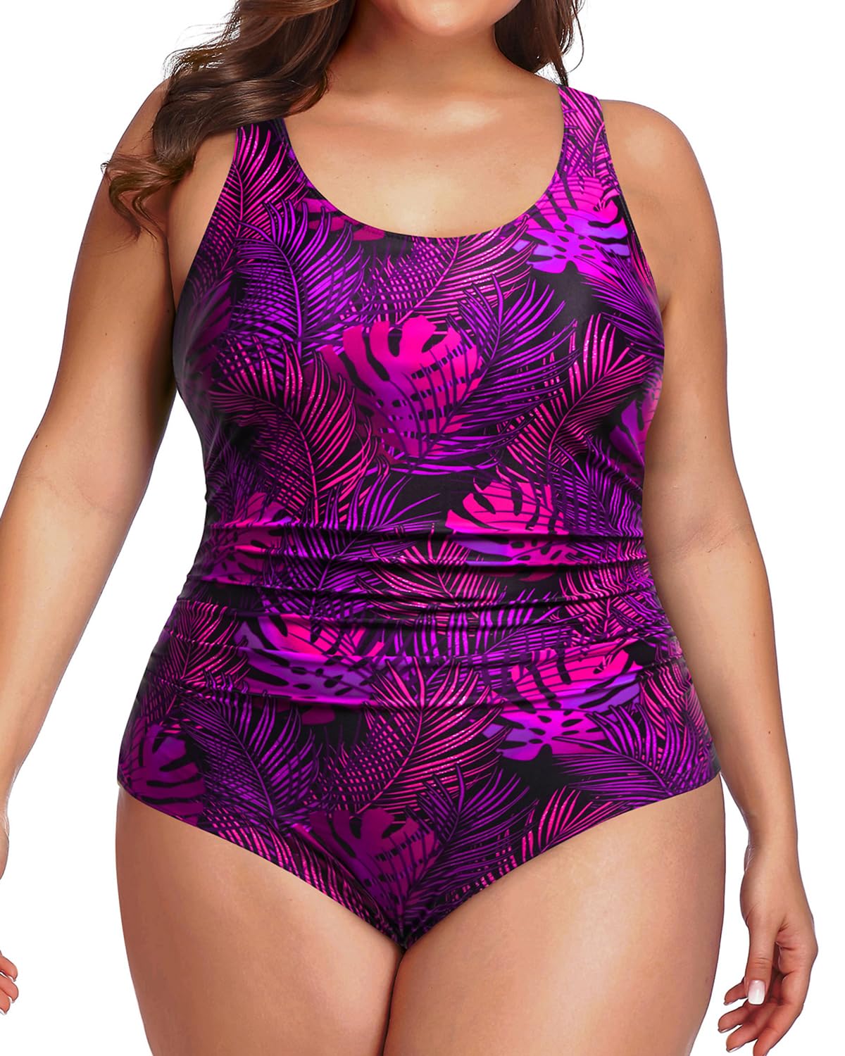 Photo 1 of Daci Women Plus Size One Piece Swimsuit Tummy Control Bathing Suit Athletic Ruched Swimwear Purple Leaf 22 Plus