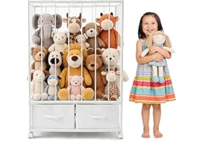 Erjiacun Large Stuffed Animal Storage Tower - Metal Stuffy Zoo with 2 Fabric Drawers & Wheels, Kids Toy Organizers and Storag