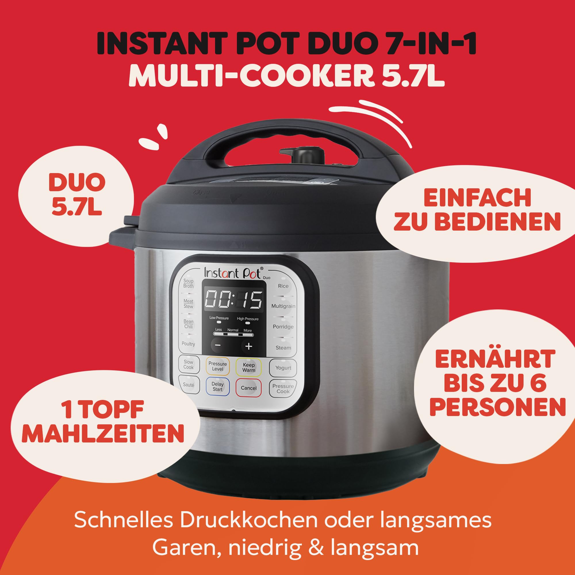 Instant Pot Duo 7-in-1-Multikocher 5,7 l – gebürstetes Edelstahl, großer Schnellkochtopf, Schongarer, Reiskocher, Sauteuse, Joghurtbereiter, Dampfgarer und Speisenwärmer, spülmaschinenfest 2