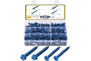 Krysay 230Pcs Concrete Screws Assortment Kit,1/4 3/16 Masonry Screws for Concrete Brick,4 Sizes Flat & Hex Head Block Cement Stacoo Screws and Anchors,Diamond Point,Blue Coated,Self Tapping.