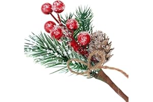 Yastouay 12Pcs Snowy Christmas Red Berry Pine Cone Floral Picks and Sprays，7.9" Christmas Pine Picks Branches Holly Stems for Crafts Xmas Tree Wreath Flowers Arrangement Gift Wrap Decor (Red)