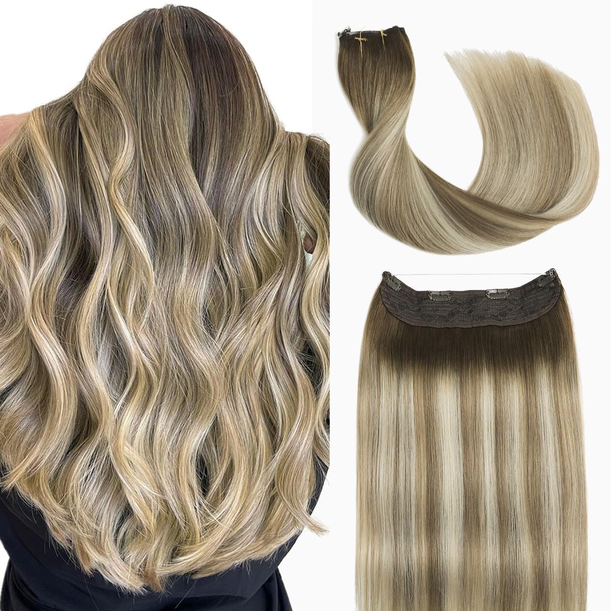 Sindra Wire Human Hair 70g Balayage Ombre Walnut Brown to Ash Brown and Blonde One Pieces Hair Extensions Wire Hair Extensions Human Hair (#3/8/22-14inch)