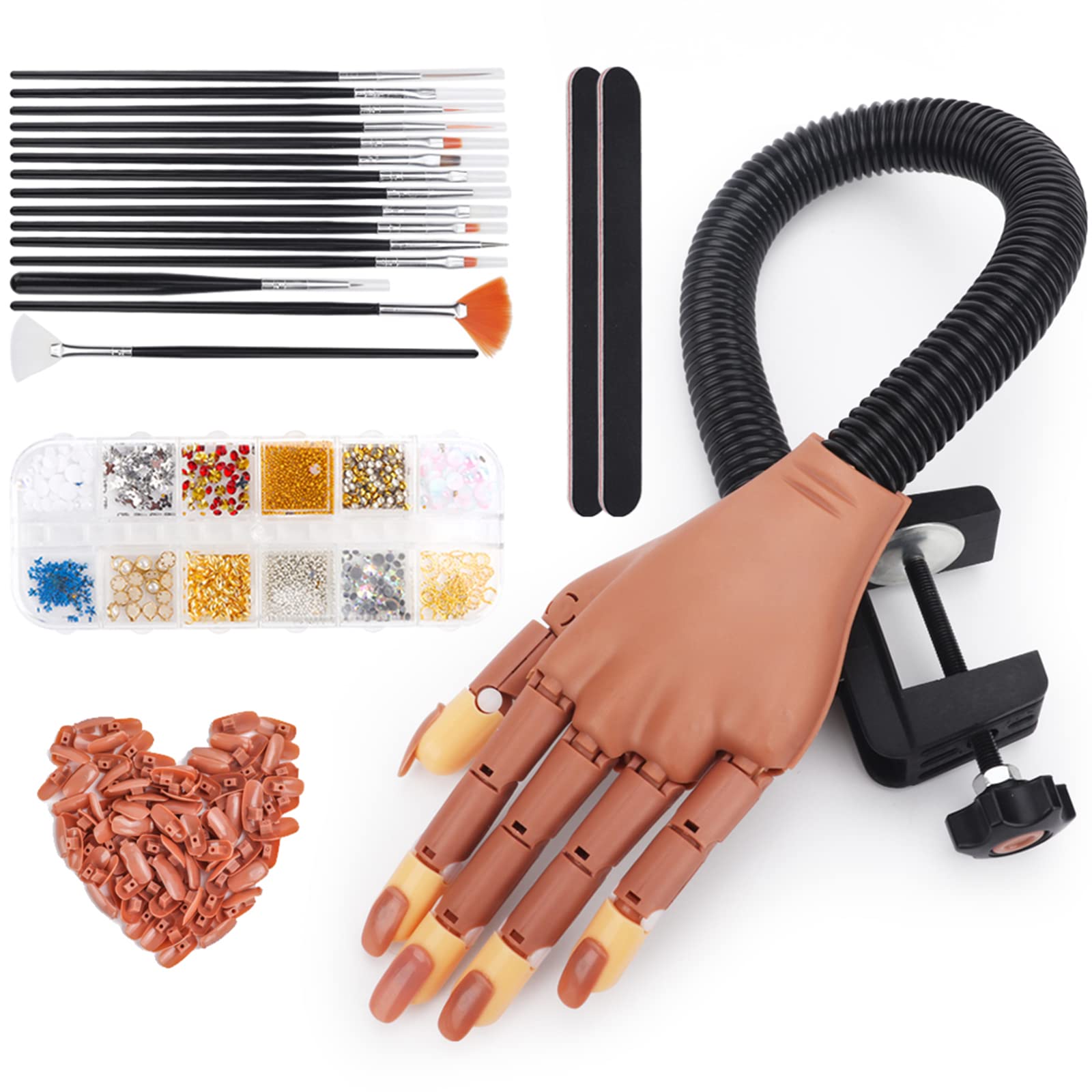 Deciniee Practice Hand for Acrylic Nails, 100 Pcs Nail Tips Flexible Training Hand Professional Nail Art Hand Tools with Painted Pen Rhinestone Decoration Adjustable Finger Nails for DIY Manicure