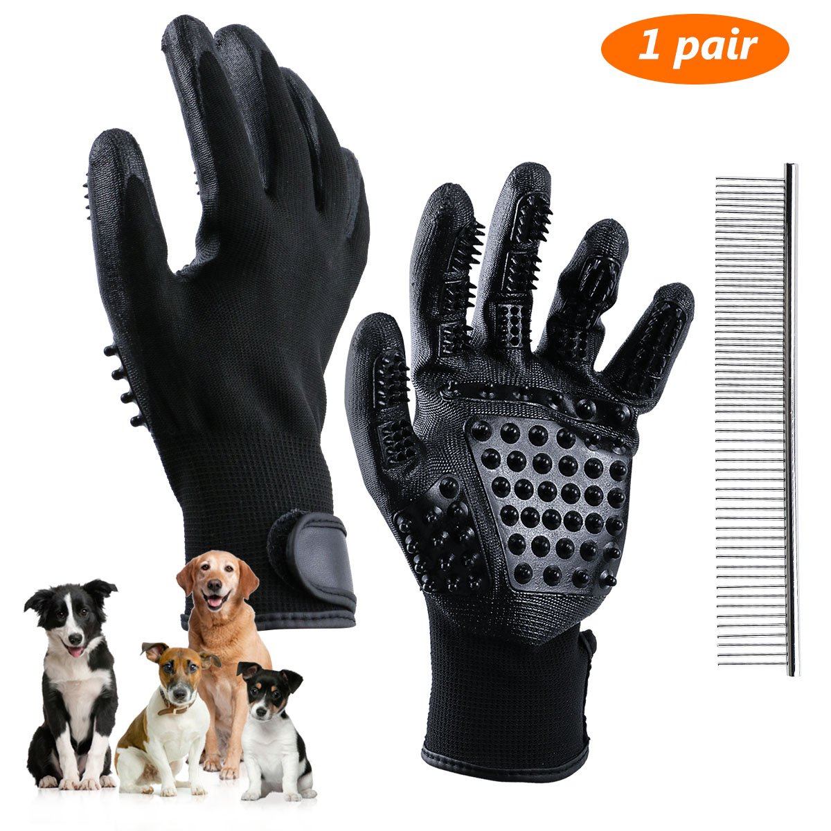 Guantes Masaje para Mascotas con Peine de acero, Mejorado Diseño de 5 Dedos Limpieza de Mascotas , Pet Grooming Gloves Funciona con Cabello Largo y Corto para Mascotas con Pelo Largo y Corto,perros, gatos, conejo,caballos