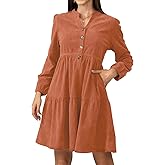 Jayscreate Women's 2025 Long Sleeve Corduroy Dress Above Knee A-Line V Neck Fall Winter Short Work Dress