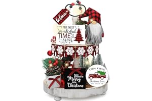 Soaoo 16 Pcs Christmas Tiered Tray Decor Christmas Gnome Plush Tray Decor Farmhouse Buffalo Plaid Wood Table Signs for Holiday Table Centerpieces Home Decorations