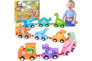 Toddler Dinosaur Toys Age 2-4: IPOURUP Wooden Dinosaurs Train Set Montessori Educational Toy for 1 2 3 4 5 6 Year Old Boys Girls Kids Birthday Gifts 11 PCS Trains Car with Numbers Toddlers Toy