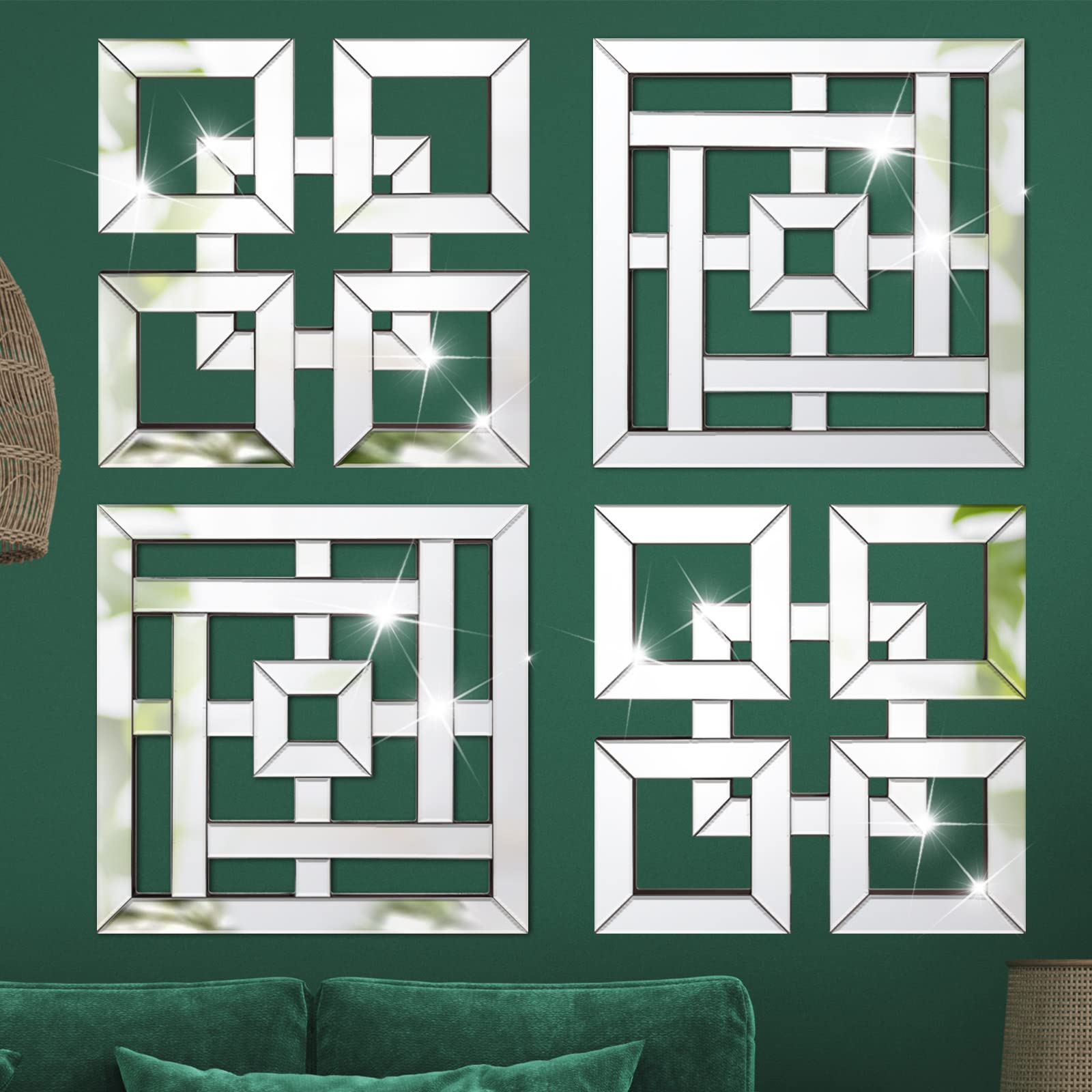 Photo 1 of Geelin 4 Pcs Silver Mirrors Wall Decor 1.2 Inch Thick Wall Mount Decorative Square Mirrors 12 x 12 Inch Silver Art Mirrored DIY Modern Mounted Accent for Home Living Room Bedroom Farmhouse Decor