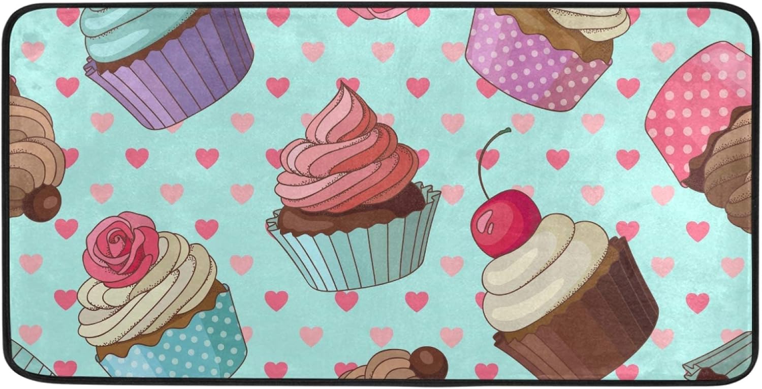 Cupcake Kitchen Rug Heart Cherry Door Mat Bath Rug Home Decor Floor Mat Non-Slip Carpet for Kitchen Living Bedroom 39 x 20 Inch
