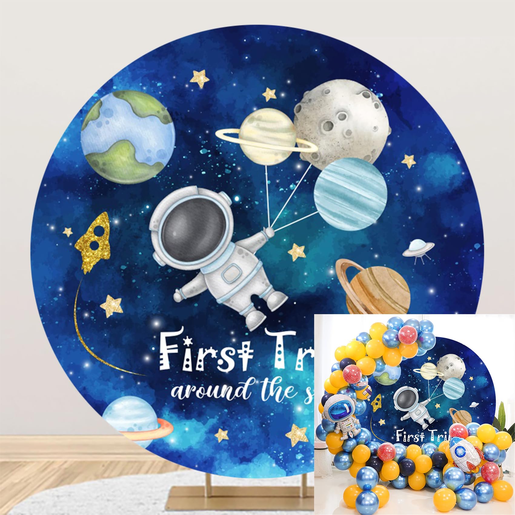Photo 1 of Polyester Diameter 6.5ft First Trip Around The Sun Round Backdrop for Boy Cartoon Astronaut Outer Space Planet Earth Rocket Photography Background Kids 1St Birthday Party Baby Shower Decor