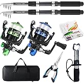 Tripquips Fishing Rod, 2PCS Telescopic Fishing Rod and Reel Combo with Fishing Pliers and Lip Gripper, Pre-Loaded Spinning Reel Combo, Fishing Pole with Carrier Bag Fishing Gear