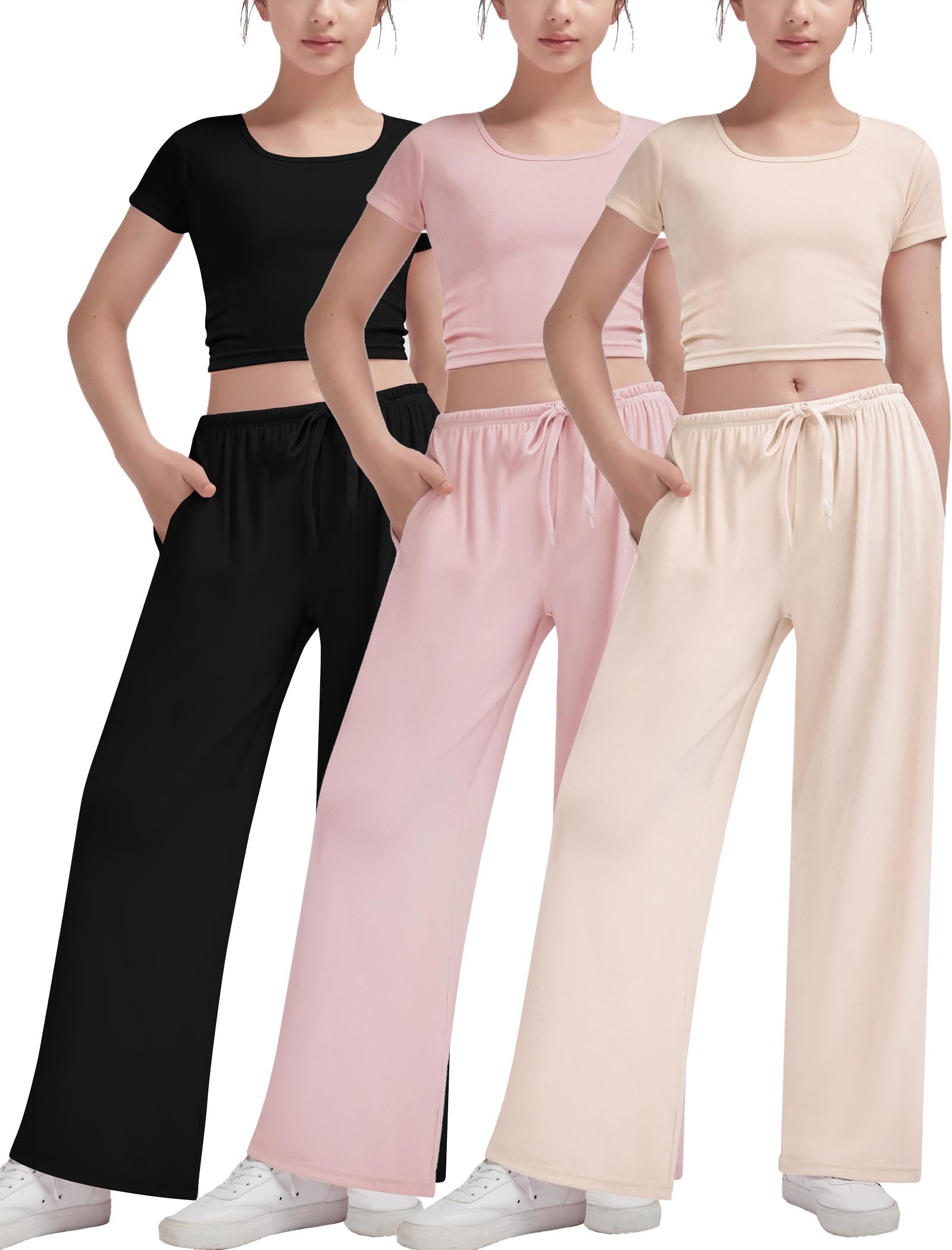Photo 1 of EXARUS Girls 3 Pack Clothing Lounge Sets Outfits 2 Piece Sweatsuit Ruched Cropped Summer Short Sleeve Drawstring Wide Leg Pants Tracksuits With Pockets 8Y