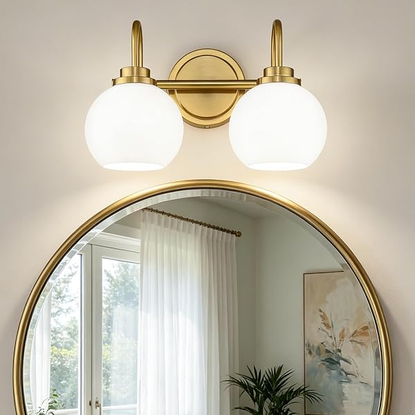 AKEZON BATHROOM LIGHT FIXTURES 2-LIGHT BRUSHED GOLD VANITY LIGHT, MODERN BATHROOM WALL SCONCE WITH MILKY WHITE FROSTED GLASS SHADE FOR MIRROR BEDROOM HALLWAY