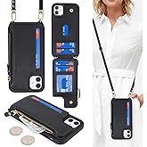 Cavor for iPhone 11 Wallet Case with Card Holder for Women, for iPhone 11 Case with Strap,Crossbody Lanyard and Wristlet Zipper Pocket Phone Cover-Black