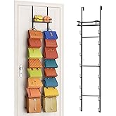 SWTYMIKI Over The Door Purse Organizer - Wall Mounted Purse Rack with 16 Hooks and Metal Basket, Hanging Handbag Storage Organizer Holds up to 16 Bags, Bag Rack Can Use As 1/2 Part, for Door, Closet