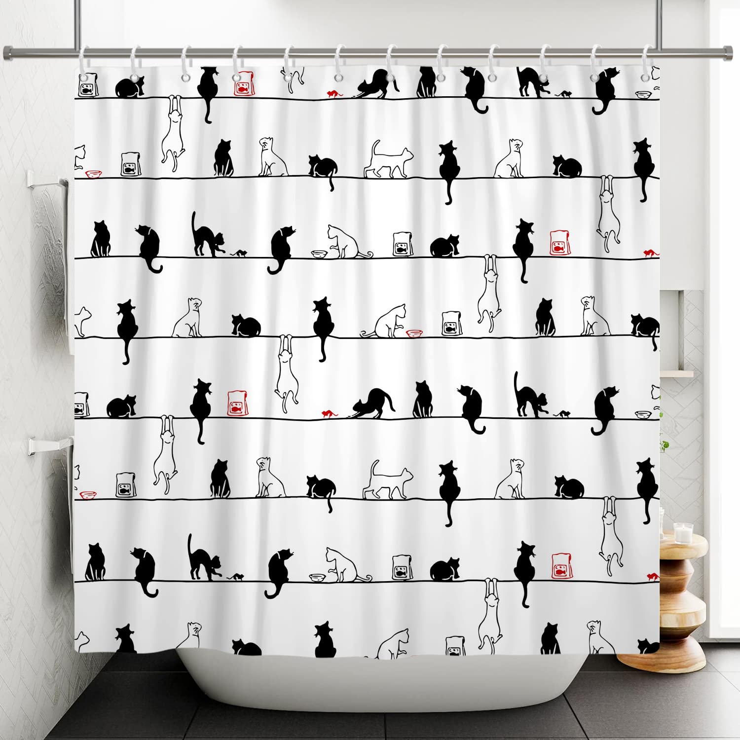 Bovlleetd 71x71inch Cartoon Cat Shower Curtains Funny Black and White Cat on the Rope Shower Curtain Waterproof Bathtub Art Curtain Simple Bathroom Curtain with Hooks for Bathroom Bthtub Decor — image 1