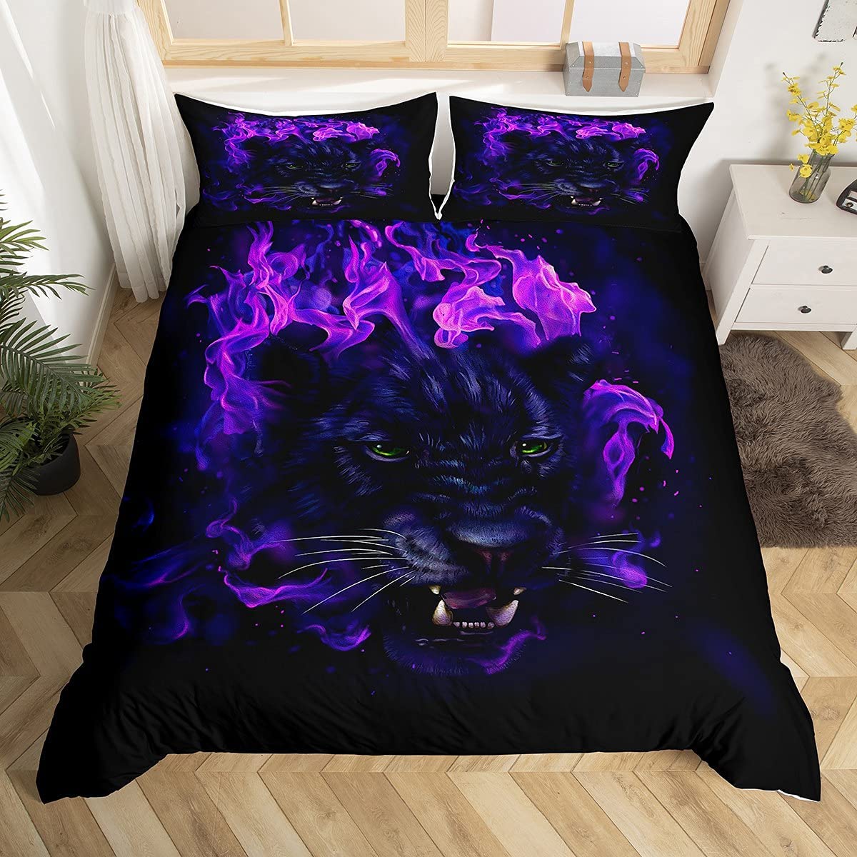Leopard Bedding Set Black Panther Duvet Cover Set for Kids Boys Girls Safari Cheetah Comforter Cover Blue Fire Wild Animal Decor Bedding & Linen Room Decor 2Pcs Single Size,Zipper
