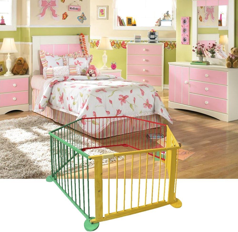 Wood Baby Child Children Wooden Foldable Playpen Play Pen Room Heavy Duty (Colorful, 6 Sided)
