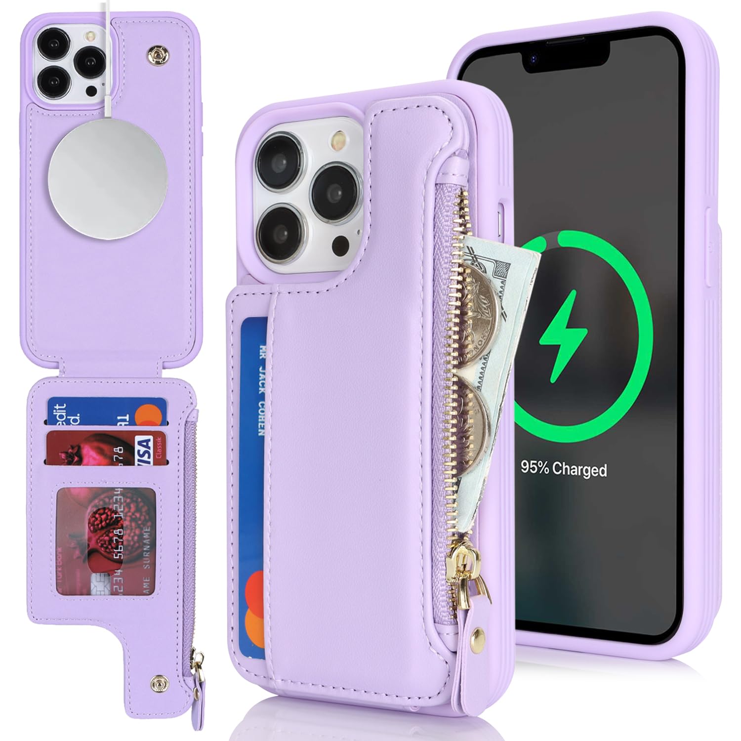 SailorTech iPhone 13 Pro Case with Credit Card Holder magsafe, iPhone 13 Pro Phone Leather Case Wallet for Women Compatible mag safe Card Slots Zipper Shockproof Case for Men - Purple — image 1