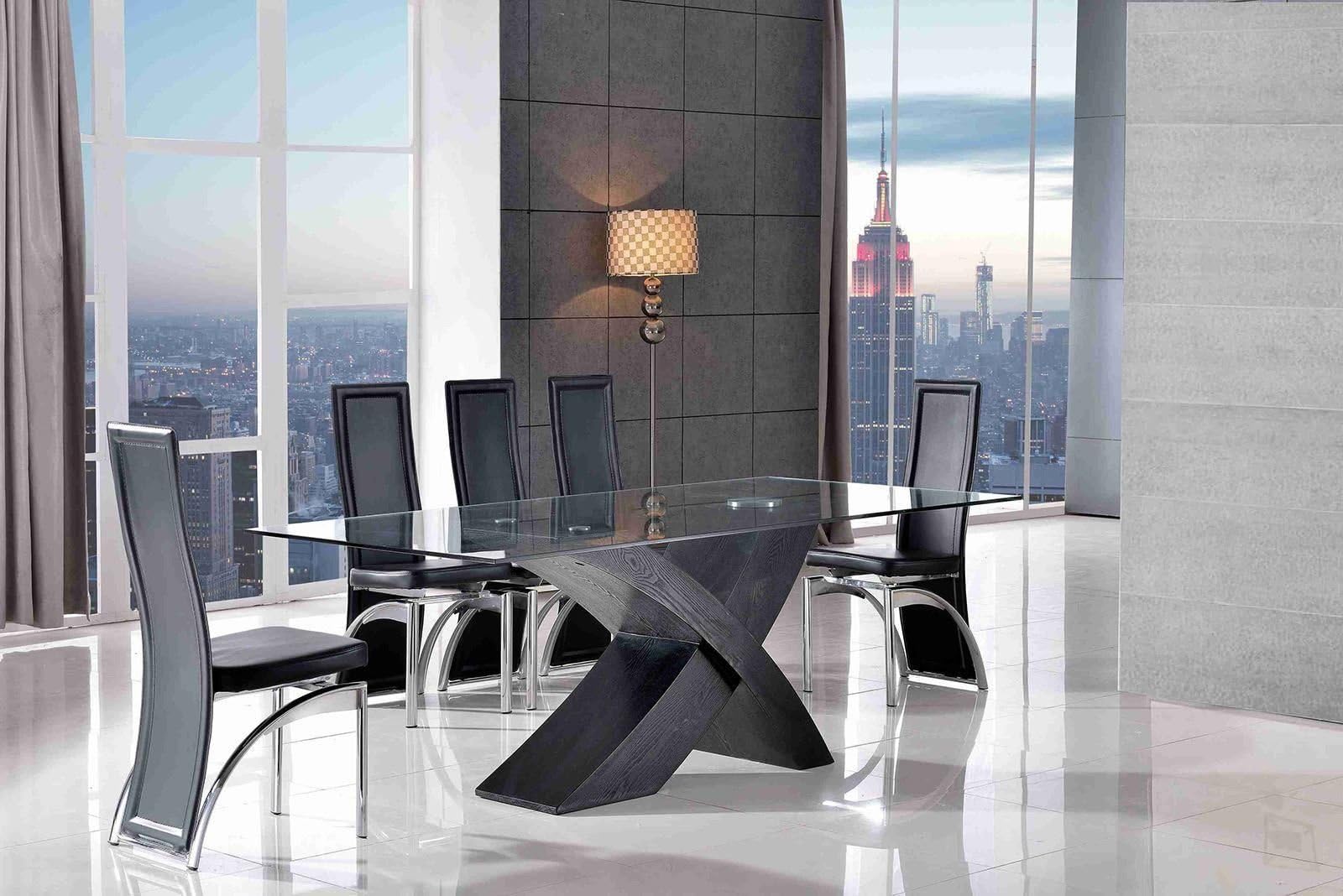 MODERN FURNITURE DIRECT Valencia Small Black 160cm Glass Dining Table and 6 Faux Leather Black Chairs Tempered Glass | 160cm x 100cm | Fast & Free Delivery