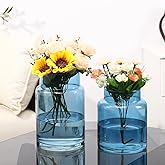 PORPAN Large Glass Vase, Blue Glass Vase Set of 2, Large Flower Vases for Bouquet, Tall Wide Mouth Vases for Flowers, Home, Wedding, Living Room, Office Decor, 7"+9"