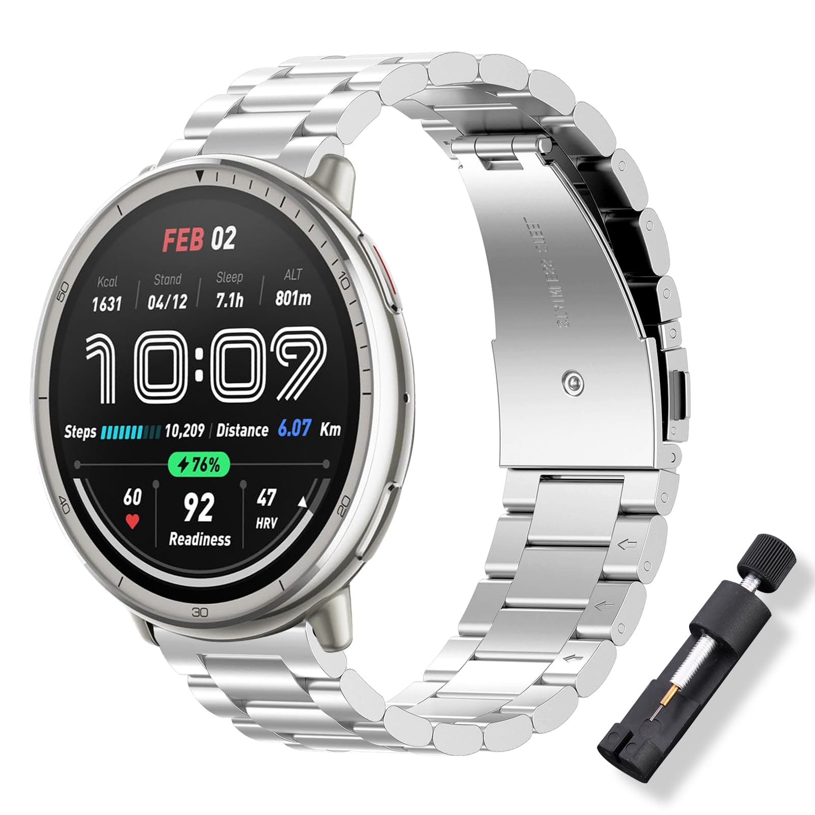ToVioc Watch Strap for Amazfit Active 3 Premium/Active 2 Square/Active2/Bip 3 Pro, 20mm Elegant Classic Stainless Steel Metal Replacement Watch Strap for Garmin Vivoactive 6/Approach J1 - Silver