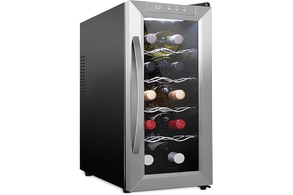 SCHMÃ‰CKÃ‰ 10 Bottle Thermoelectric Wine Cooler/Chiller - Stainless Steel - Counter Top Red & White Wine Cellar w/Digital Temperature, Freestanding Refrigerator Smoked Glass Door Quiet Operation Fridge