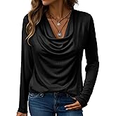 EVALESS Long Sleeve Shirts for Women Fall Womens Tops Spring Cowl Neck Draped Blouses Tee Professional Teacher Outfits for Work Office Formal Business Casual Outfits Loose Fitted,Black Large