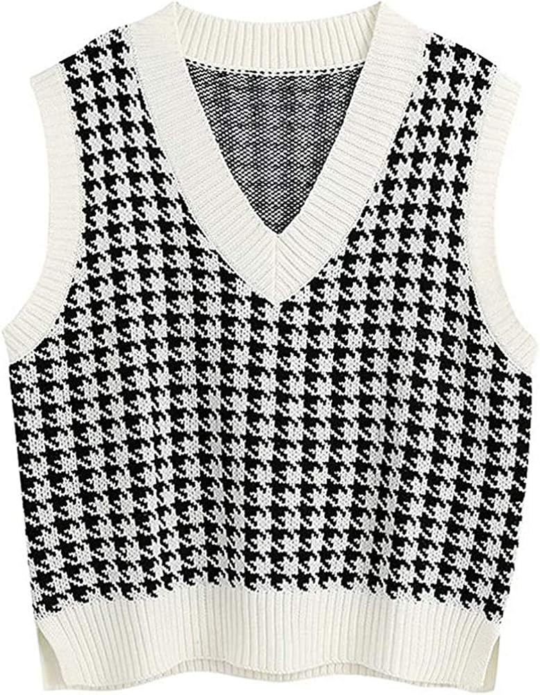 Jlihang Women Houndstooth Knitted Sweater Vest V Neck Casual Loose Oversized Vintage Pullover Tops (White) at  Women’s Clothing store