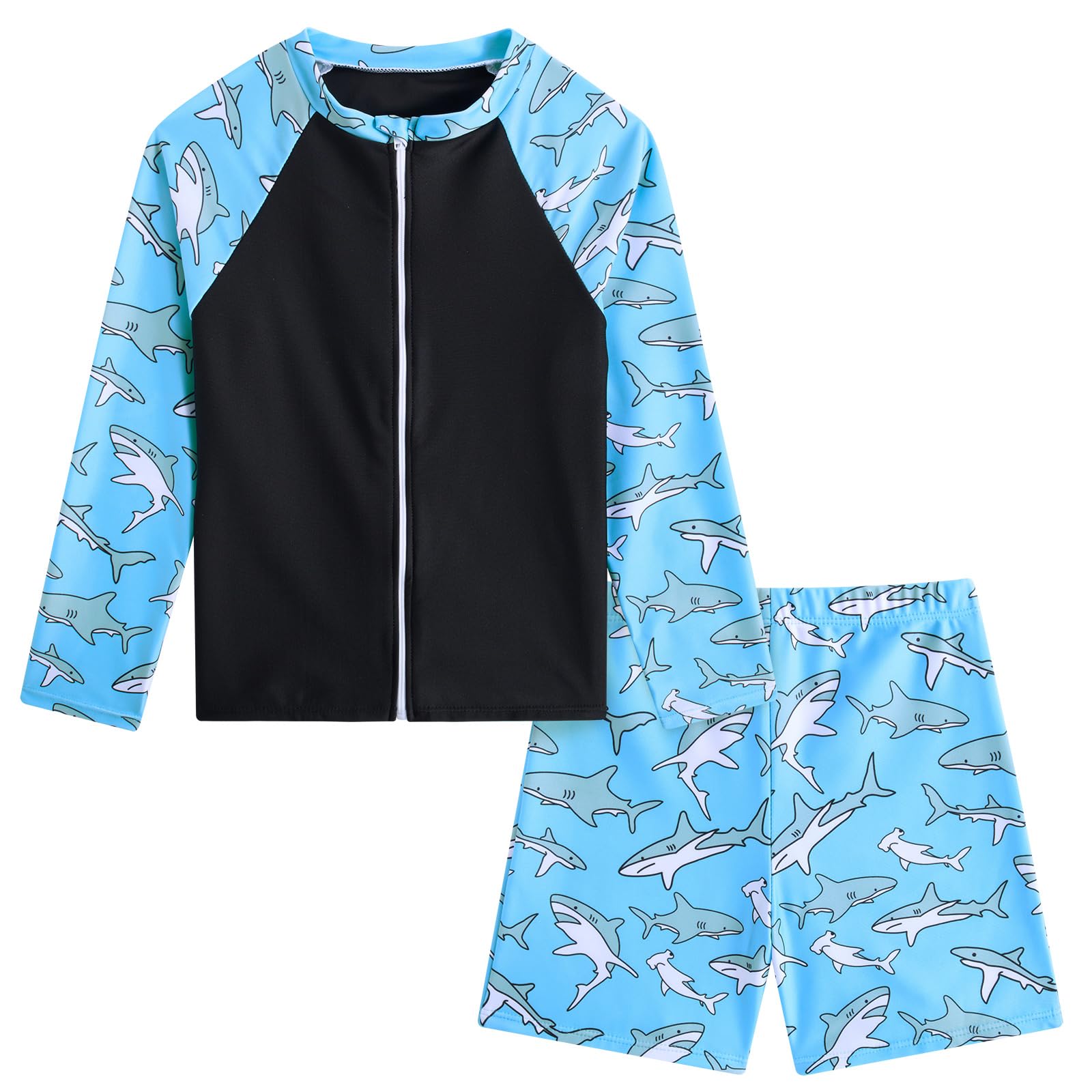 Photo 1 of Boys Long Sleeve Rash Guard Swimsuits Swim Sets Size 7-8 Boy Swim Shirt Kids 2-Pieces Zipper Bathing Suit UPF50+ Swim Shorts Blue Shark