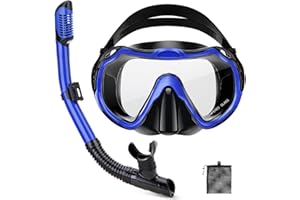 PIYAZI Snorkeling Gear for Adults, Adult Snorkel Set with Panoramic Anti-Leak and Anti-Fog Tempered Glass Snorkel Mask, Dry Top Snorkel, Snorkle Mask Set Adult with Mesh Bag Ear Plug for Snorkeling