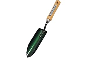 GARDEN HELPER Japanese Garden Trowel Serrated Edge Heavy Duty Japanese Steel with Wood Handle, Made in Japan, Garden Transplanter Tool for Digging, Scooping, Cutting, Transplanting, Black