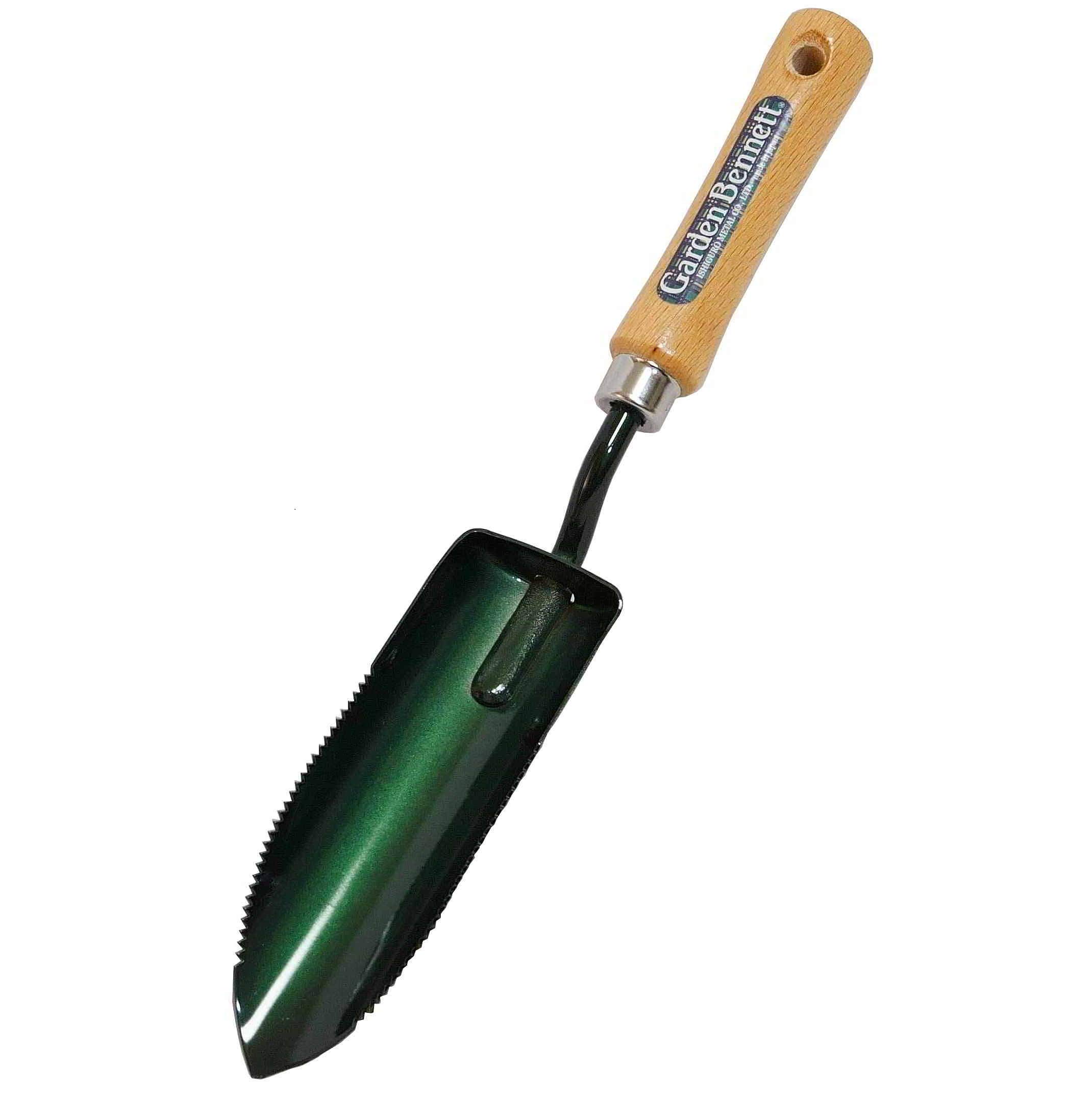 Garden Helper Narrow Garden Trowel Hand Tool, Garden Shovel Serrated Edge for Planting and Transplanting, Heavy Duty Japanese Steel Blade, Wood Handle, Made in Japan