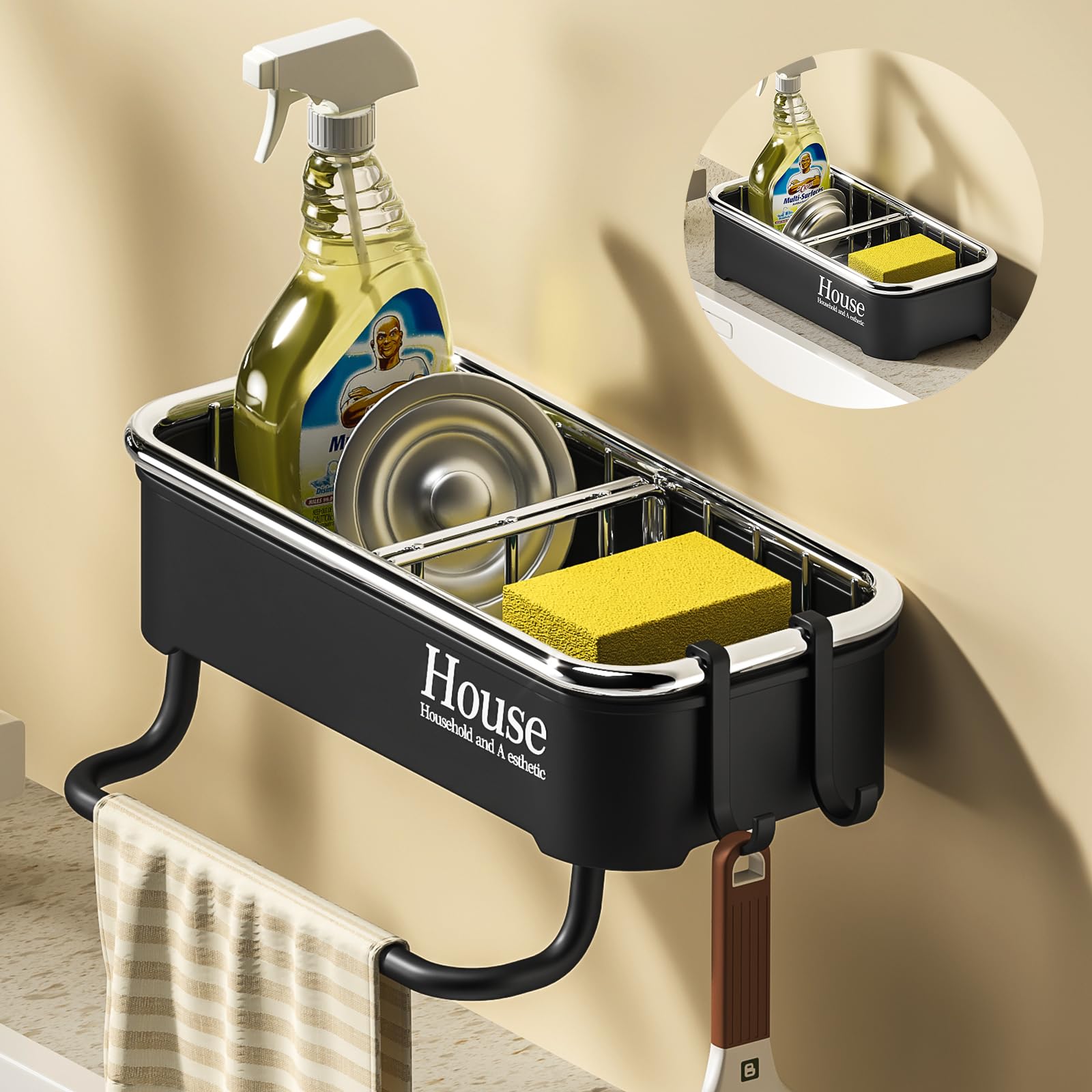 MENGCOOL Sink Caddy, Kitchen Sponge Holder, Stainless Steel Sink Tidy Organiser Wall Mounted Wall Mounted/Hanging for Kitchen Accessories (Black)