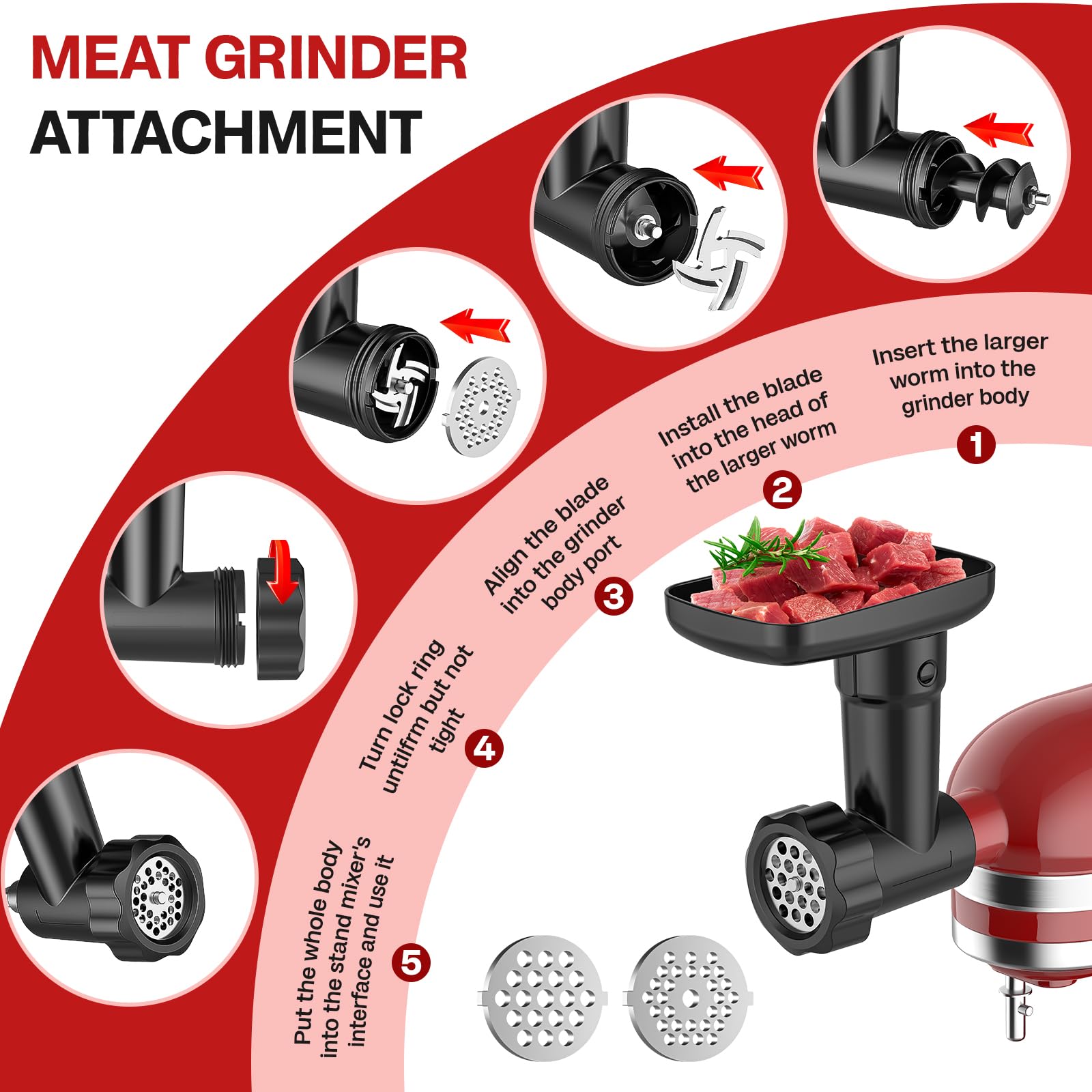 Meat Grinder for Kitchenaid Mixer, Fruit and Vegetable Attachment Strainer for Kitchenaid, Includes Meat Grinder, Strainer Attachment and Sausage Stuffer Tubes for Kitchenaid Mixer Attachments, Black