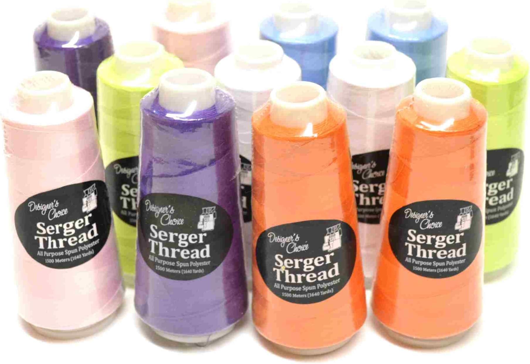 Bundle Set of 12 BRIGHT Overlock Serger Quilting Embroidery Thread Cones 2 each Asst Colors 1500 M